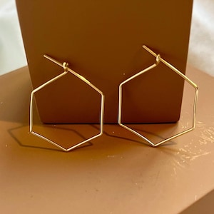 Puede incluir: Un par de pendientes dorados geométricos con forma de hexágono. Los pendientes están hechos de metal fino y tienen un diseño simple y moderno. Se exhiben sobre una superficie marrón.
