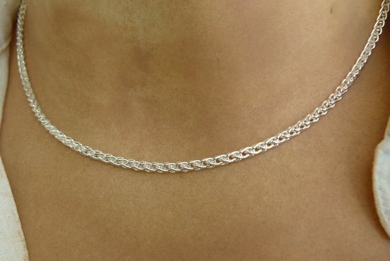 Sterling Silver Choker Necklace, Herringbone Chain, Chunky Chain