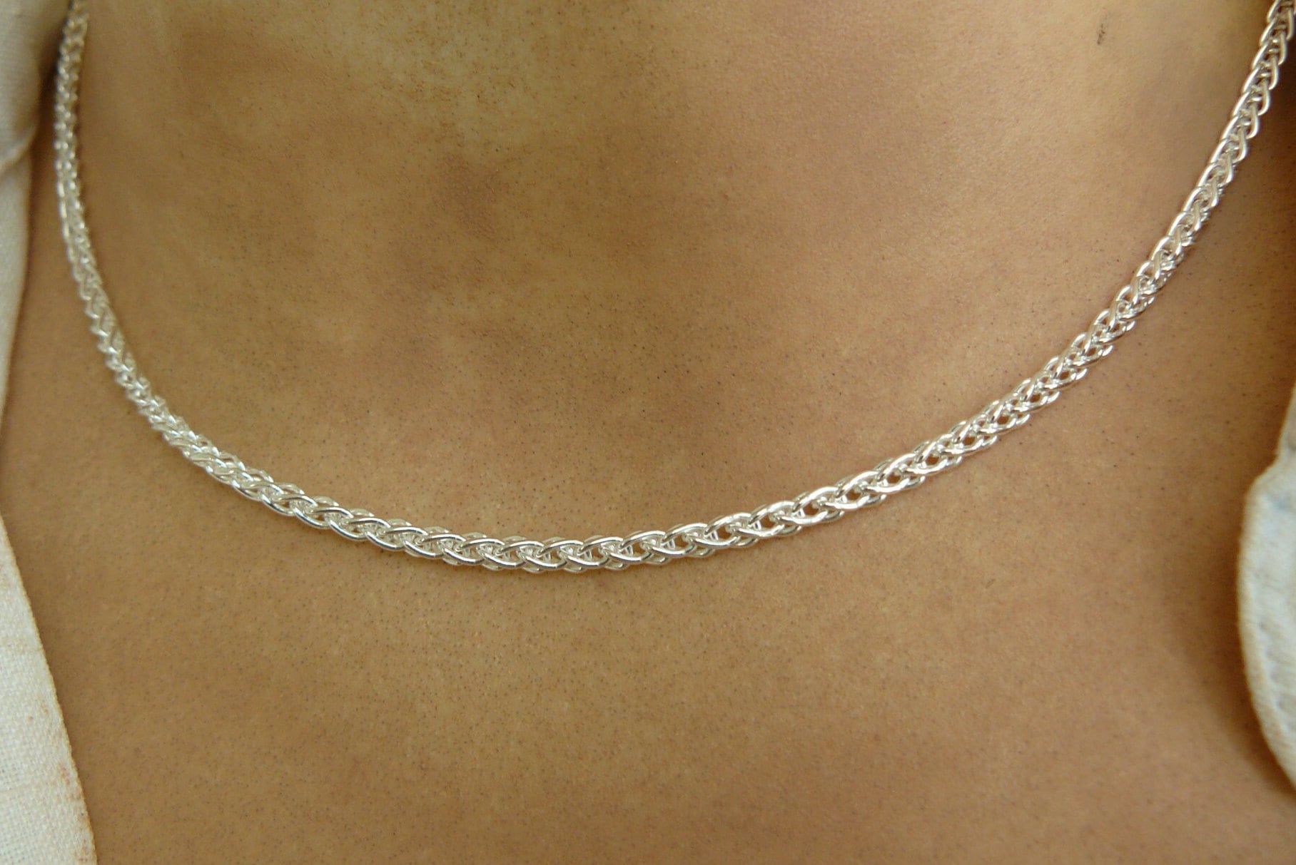 Sterling Silver Choker Necklace, Herringbone Chain, Chunky Chain 