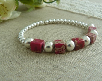 Bracelet argent 925, bracelet élastique, perles rondes, grosses perles, jaspe impérial fushia, femmes, hommes