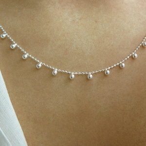 Solid silver necklace, choker, faceted ball chain, silver beads, tassels, 925 silver, gift