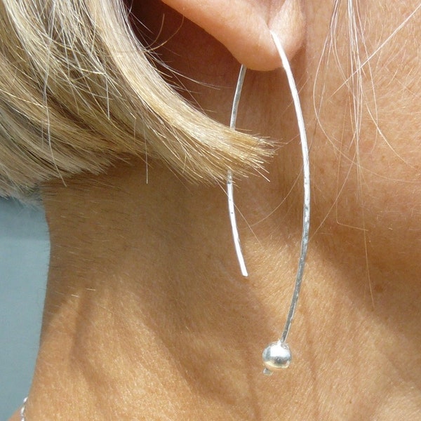 Solid 925 silver through earrings, long, hammered solid silver wire and silver silver pearl