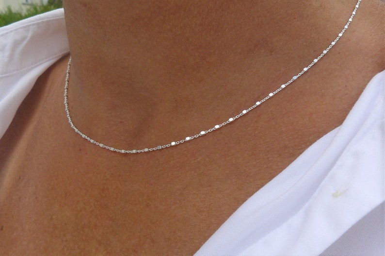 Collar de plata maciza, gargantilla, cadena tipo cable, cuentas cuadradas de plata para mujeres y niñas. imagen 3