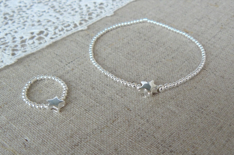 solid silver smooth beads for women silver elastic ring silver star
