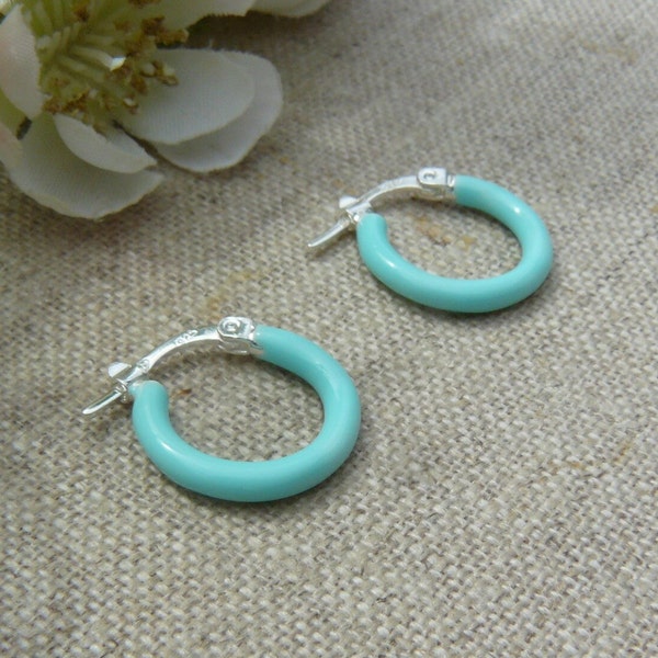 Créoles argent massif, argent émaillé turquoise, puces d'oreilles argent 925, créoles 15mm