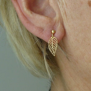 Solid 925 silver gold plated earrings, gold plated silver stud earrings, ear studs, leaves.