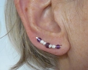Solid 925 silver earrings, silver ear climber, silver beads, amethyst beads, silver and mauve ear cuff