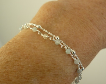 Bracelet argent massif, deux rangs, chaîne forçat, perles rondes, chaine satellite, perles aigue-marine, argent 925, femmes, filles, cadeau