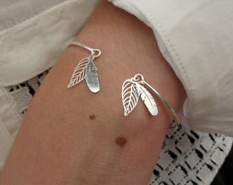 Solid silver bangle bracelet, feather charms, leaf charms, solid silver, gold-plated silver, for women