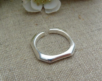 Hexagonal bangle ring, solid 925 silver, adjustable, open bangle, shiny polished silver, men, women