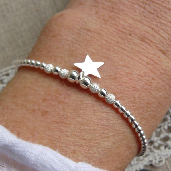 Bracelet argent 925, bracelet élastique, perles lisses, perles diamantées, étoile, argent massif, pour femmes, pour filles