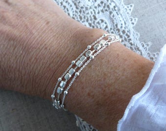 Solid silver bracelet, three row bracelet, satellite chain, box chain, square beads, solid silver, for women