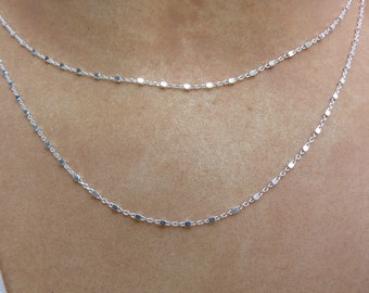 Solid silver necklace, two rows, cable chain and square pearls, silver, women, girls, gift.