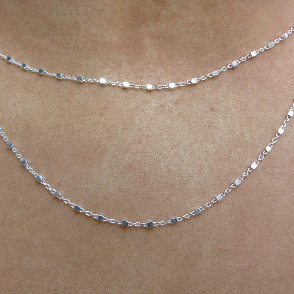 Collier argent massif,  deux rangs, chaîne forçat et perles carrées, argent, femmes, filles, cadeau.