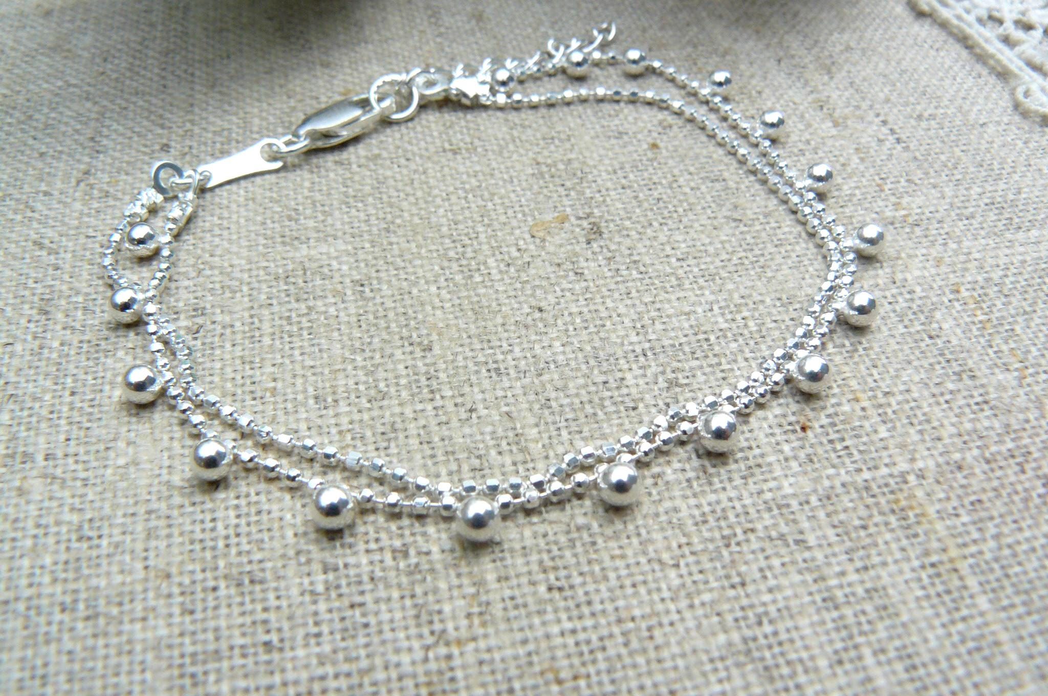 Bracelet Argent Double Rang Avec Grelots - Chaîne Et Perles, Neuf Avec étiquettes, Livraison Rapide France