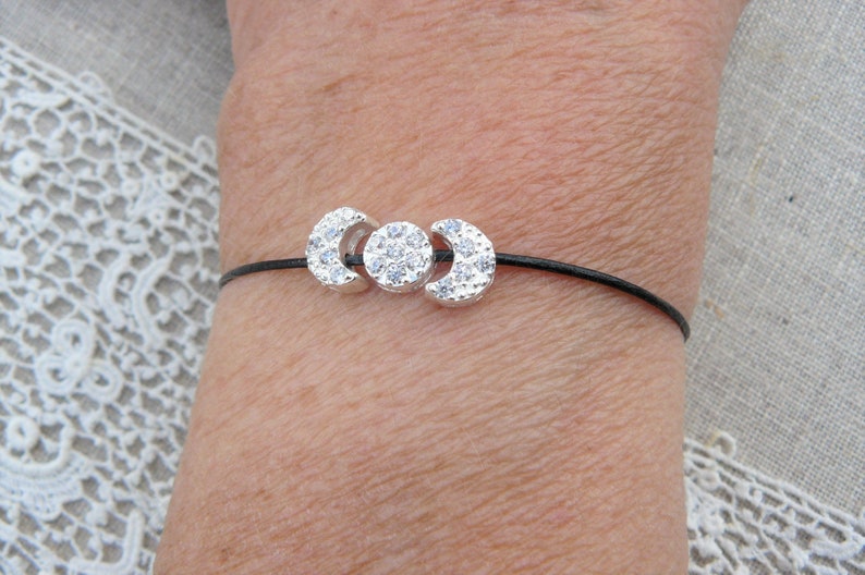 black leather cord Bolo bracelet with three solid silver passers with women/'s Zircons for girls
