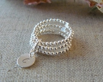 Solid silver elastic ring, three rows, customizable, initial, silver beads, engraved medal, engraved disc, initial engraving