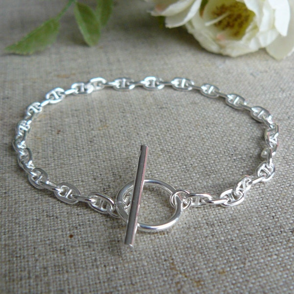 Bracelet argent massif, chaîne marine, fermoir T, hommes, femmes