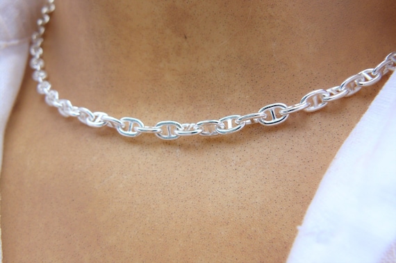 Sterling Silver 925 Choker Necklace With a Wide Marine Chain 