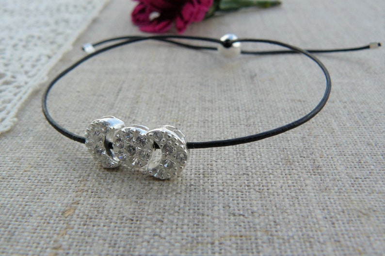 black leather cord Bolo bracelet with three solid silver passers with women/'s Zircons for girls