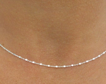 Solid silver necklace, choker, cable chain, square silver beads for women and girls.