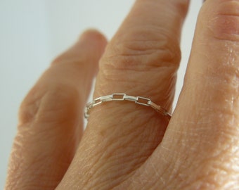 Bague chaîne argent 925, chaîne rectangle, maille longue, anneau, argent massif.