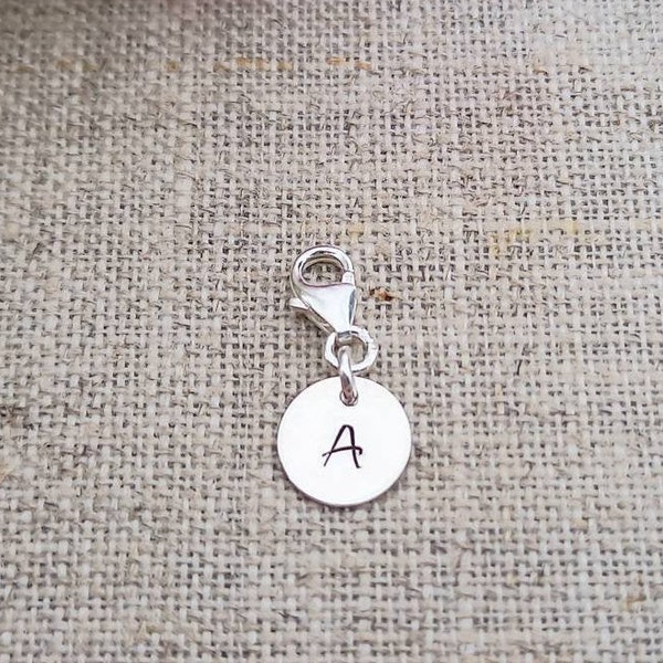 Removable clip for bracelet, solid silver, carabiner, engraved pastille, initial, customizable