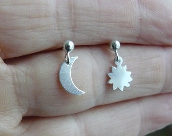 Solid 925 silver earrings, silver ear studs, ear studs, sun, crescent moon, mismatched silver earrings