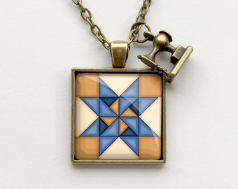 Square Blue & Tan Pinwheel Star Quilt Block Necklace