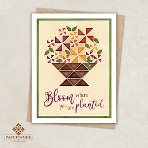 Carte de correspondance pliée avec bloc de courtepointe, panier de fleurs