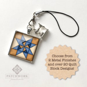 Square Quilt Block Pendant with Lariat Scissor Fob, Bag Charm, Keychain, Zipper Pull
