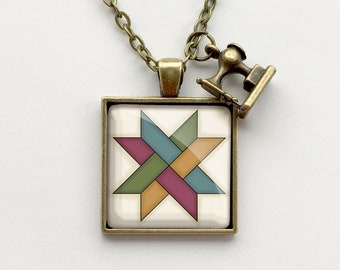 Square Woven Star Quilt Block Necklace