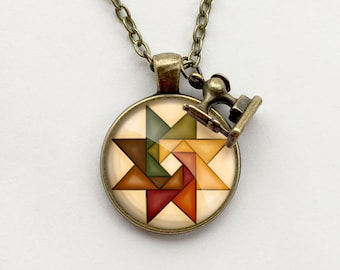 Circular Autumn Twirling Star Quilt Block Necklace