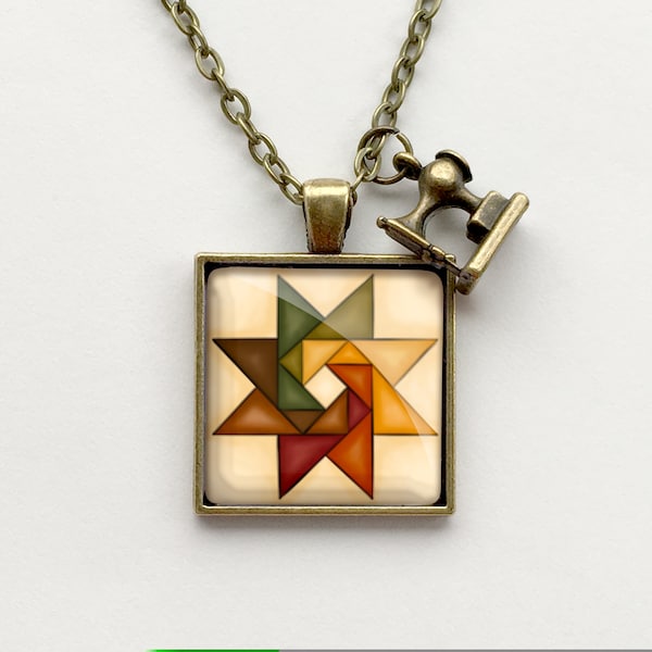 Square Autumn Twirling Star Quilt Block Necklace