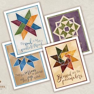 Set of 4 Watercolor Quilt Block Folded Notecards