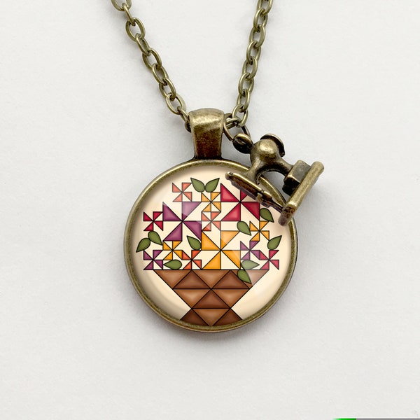 Circular Flower Basket Quilt Block Necklace