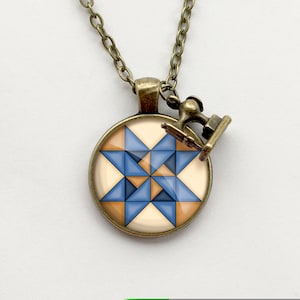 Circular Blue & Tan Pinwheel Star Quilt Block Necklace