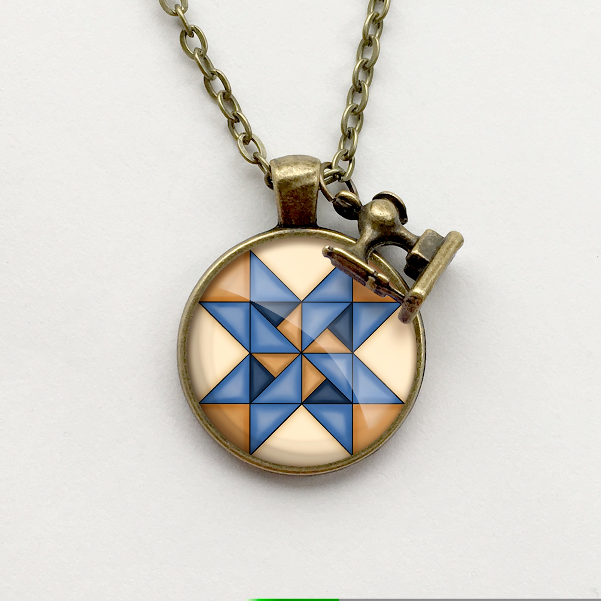 Circular Blue & Tan Pinwheel Star Quilt Block Necklace | Etsy