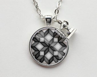 Circular Black & White Carpenter Star Quilt Block Necklace