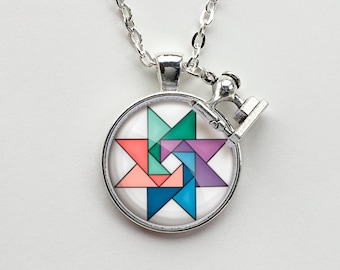 Circular Pastel Twirling Star Quilt Block Necklace