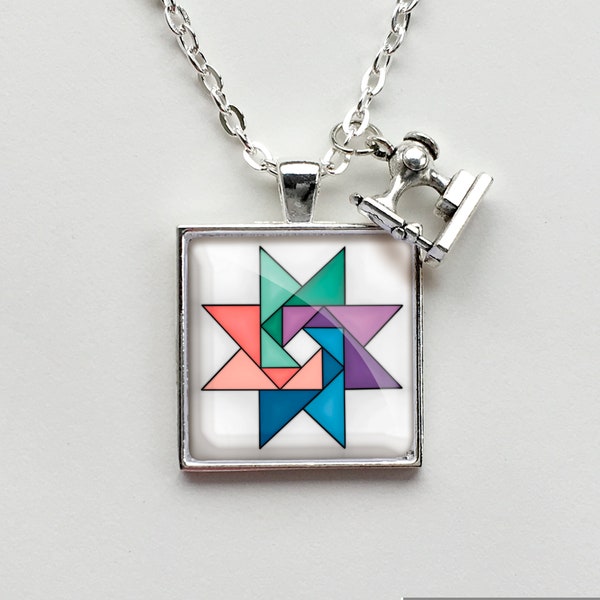 Square Pastel Twirling Star Quilt Block Necklace