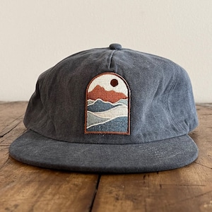 Mountains Embroidered Patch Unconstructed 6 panel hat flat brim and adjustable strap backing (multiple colors)