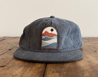 Mountains Embroidered Patch Unconstructed 6 panel hat flat brim and adjustable strap backing (multiple colors)