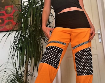 Pantalon Yoga coton et jersey  Orange /Pois Noirs avec liens de serrage aux chevilles