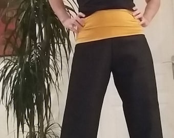 Pantalon Yoga Jean coton Anthracite et jersey Ocre avec liens de serrage aux chevilles yoga trousers