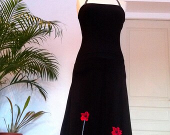 Robe bustier  longue / Jupe longue Laine Noire jersey Noir Coquelicots Framboise