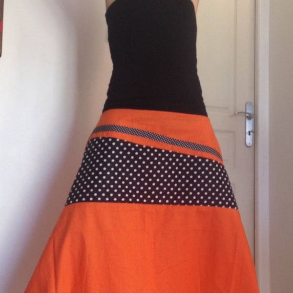 4en1: Combi Sarouel /Jupe boule/Sarouel/Robe Boule Orange /Pois Noirs