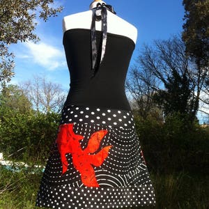 Robe Bustier Jupe, sur-mesure, jersey noir, pois noir, poisson japonais, poisson rouge, robe coton noir, robe coton blanc, carpe Koï, motif image 3