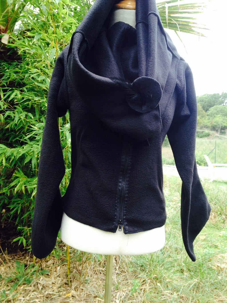 Coat / organic black organic cotton fleece zip jacket All inside out Pocket brooch organic fleece image 4