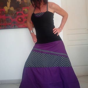 4en1: Combi Sarouel /Jupe boule/Sarouel/Robe Boule Violet/Pois Noirs Bretelles Réglables image 1